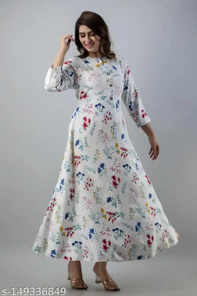 Anarkali Rayon Printed Kurta for Women (White & Blue)