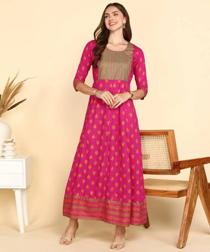 Rayon Printed Kurta for Women (Dark Pink)