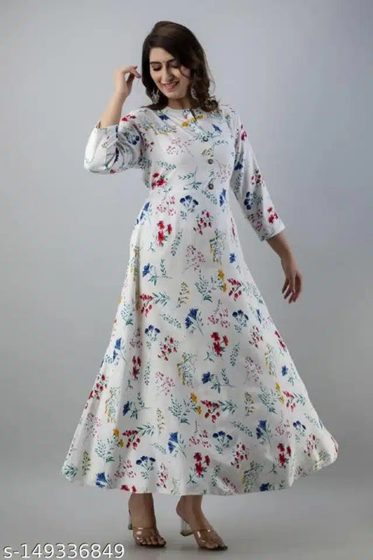 Anarkali Rayon Printed Kurta for Women (White & Blue)